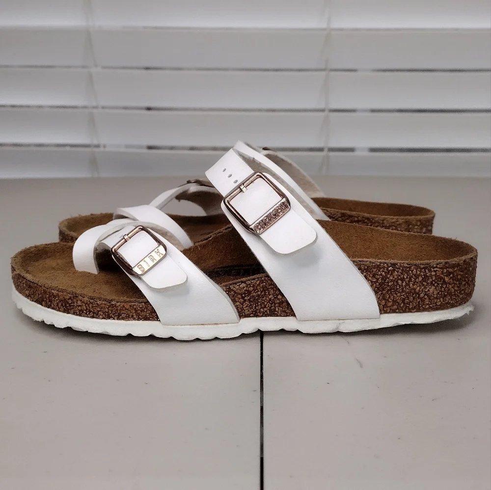 Birkenstock Kids White Two-Strap Cork Footbed Sandals with Rose Gold Buckles